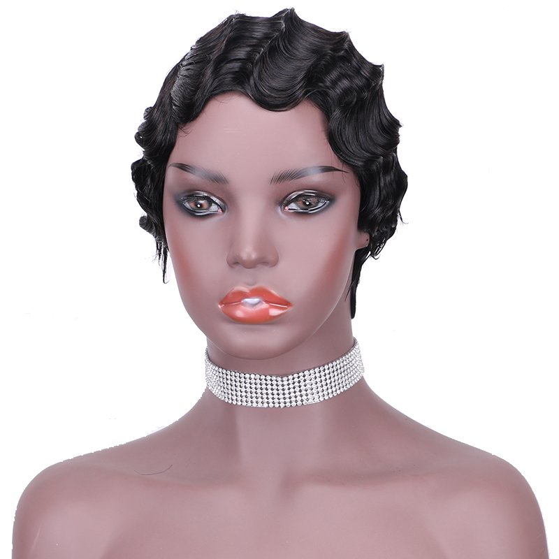 Vigorous Short Curly Cute Glueless Nuna Wigs Pixie Wigs for Women Finger Wave Human Hair Wig Wine Red