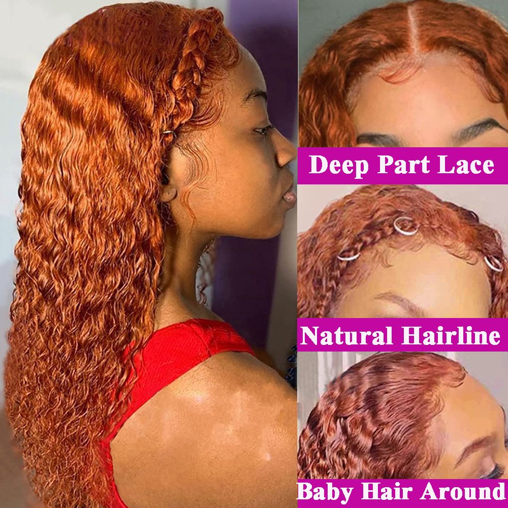 Deep Wave Ginger Blonde Transparent Lace Front Human Hair Wigs Pre Plucked 100% Human Hair Wig for Women
