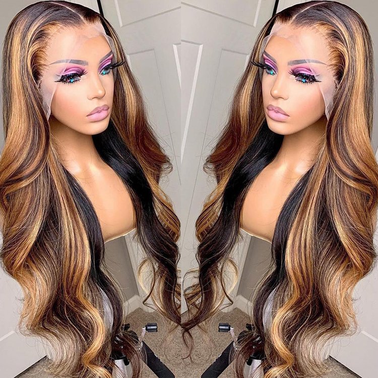 Highlight Long Honey Blonde Human Hair Wig Brown Highlight Color Cuticle Aligned Hair Glueless Transparent Lace Front Wigs
