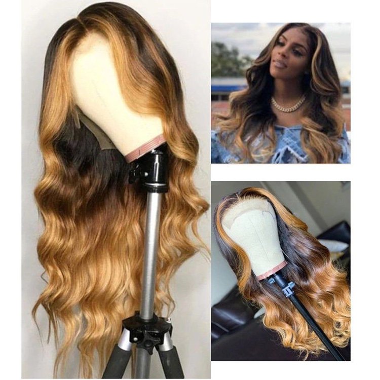 Highlight Long Honey Blonde Human Hair Wig Brown Highlight Color Cuticle Aligned Hair Glueless Transparent Lace Front Wigs