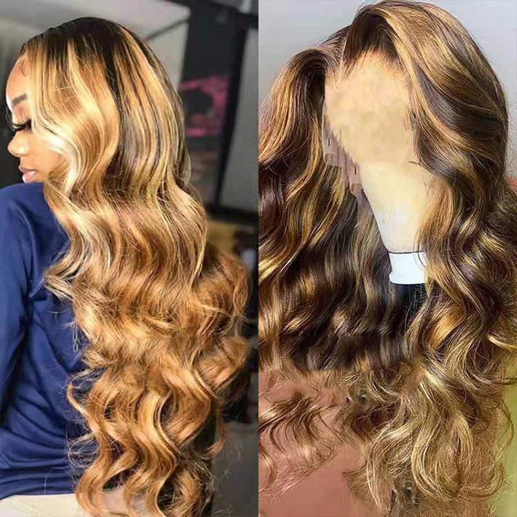 Highlight Long Honey Blonde Human Hair Wig Brown Highlight Color Cuticle Aligned Hair Glueless Transparent Lace Front Wigs