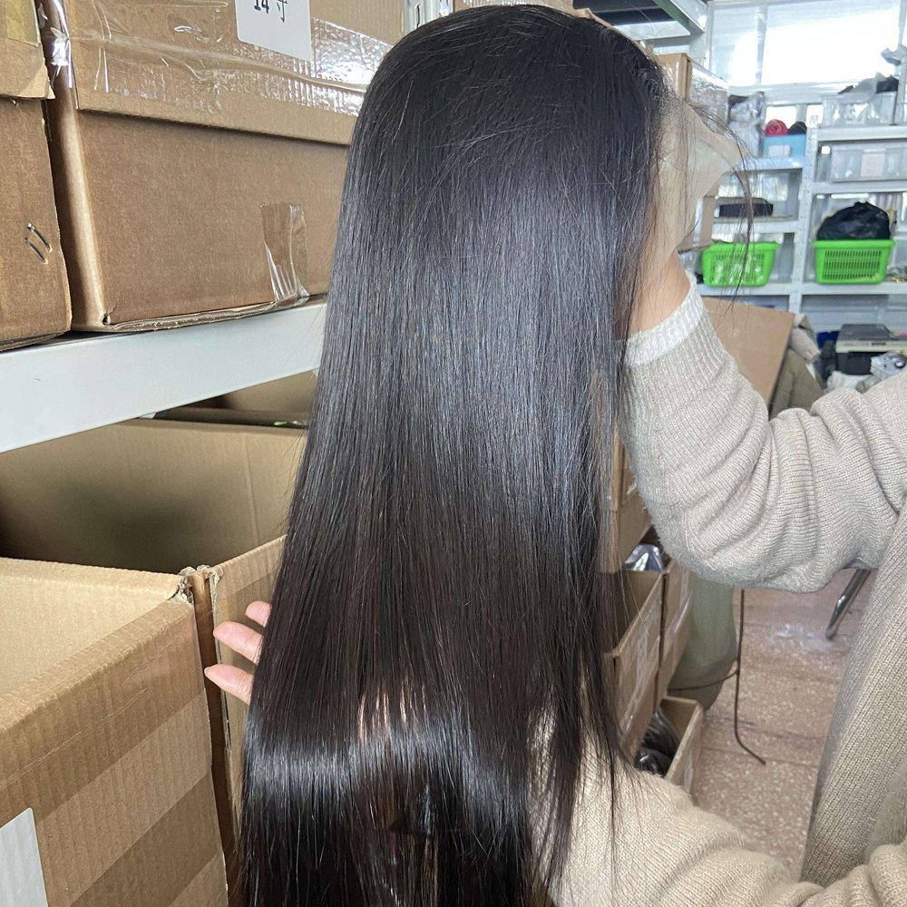 High Quality Indian Human Hair Unprocessed Glueless Wig Pre Plucked Front Lace Wig Straight Natural Black 30 Inch