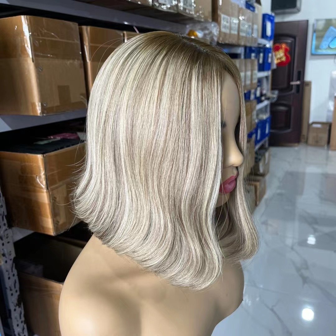 Fast shipping large stock silk top base wigs blonde color virgin straight 100% human hair full lace wig with bangs jewish wigs