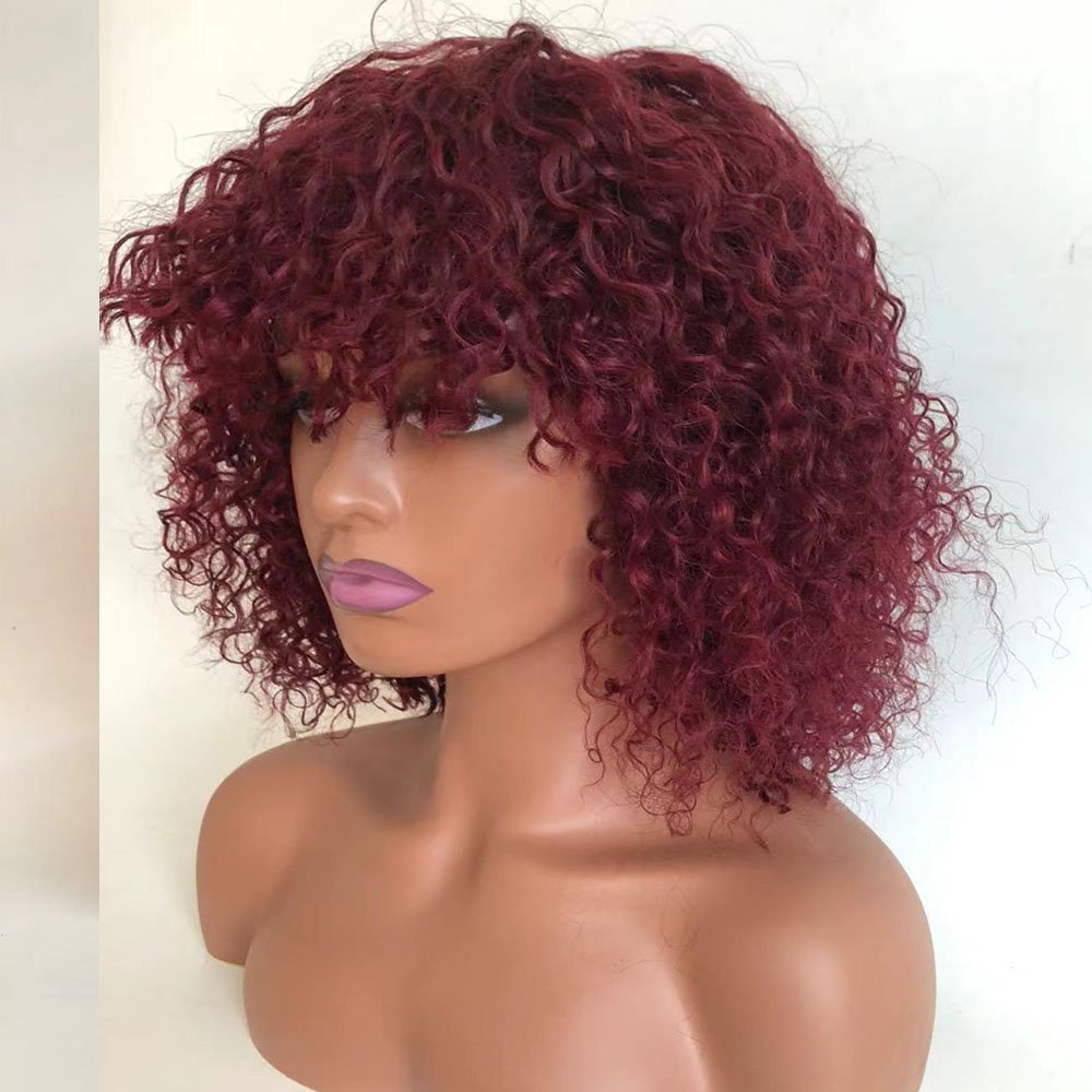 Kinky Curly Human Hair Bob Wig for Black 99j Short Afro Coily Curly Women 1 Piece Brazilian Hair Long Elastic Lace Headband Wig