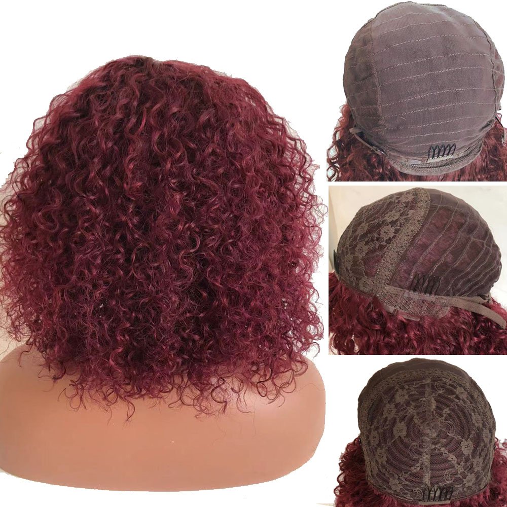 Kinky Curly Human Hair Bob Wig for Black 99j Short Afro Coily Curly Women 1 Piece Brazilian Hair Long Elastic Lace Headband Wig