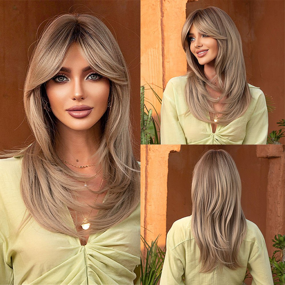 Factory Long Straight Vietnamese Wigs With Bangs Ombre Honey Brown to Blonde Wig for Women Daily Wholesale