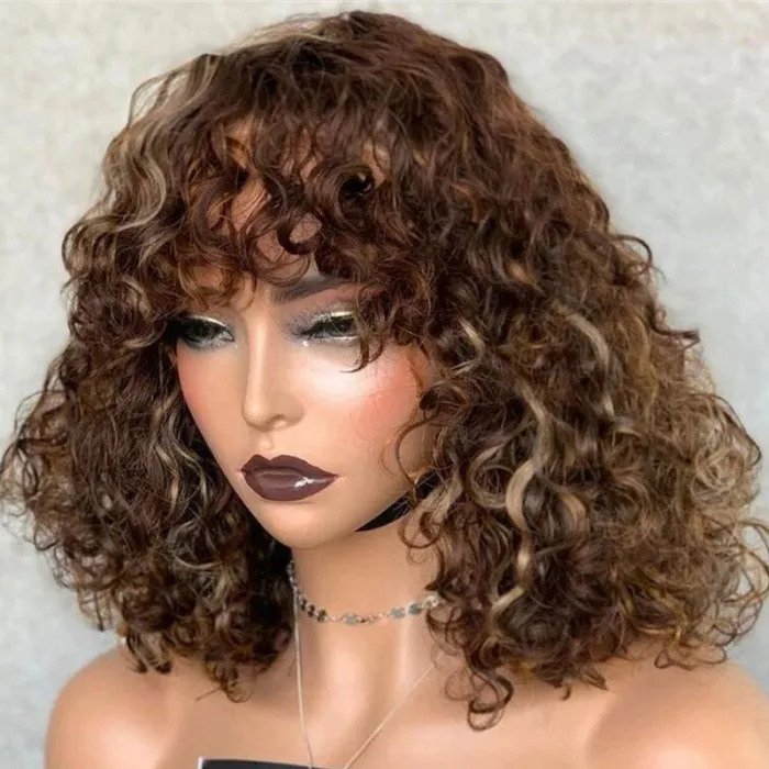 Wholesale Indian Virgin Human Hair 12 Inch,Female Human Hair Wig Luxury Curly,Short Luxury Bob Human Hair Bangs Wig No Lace