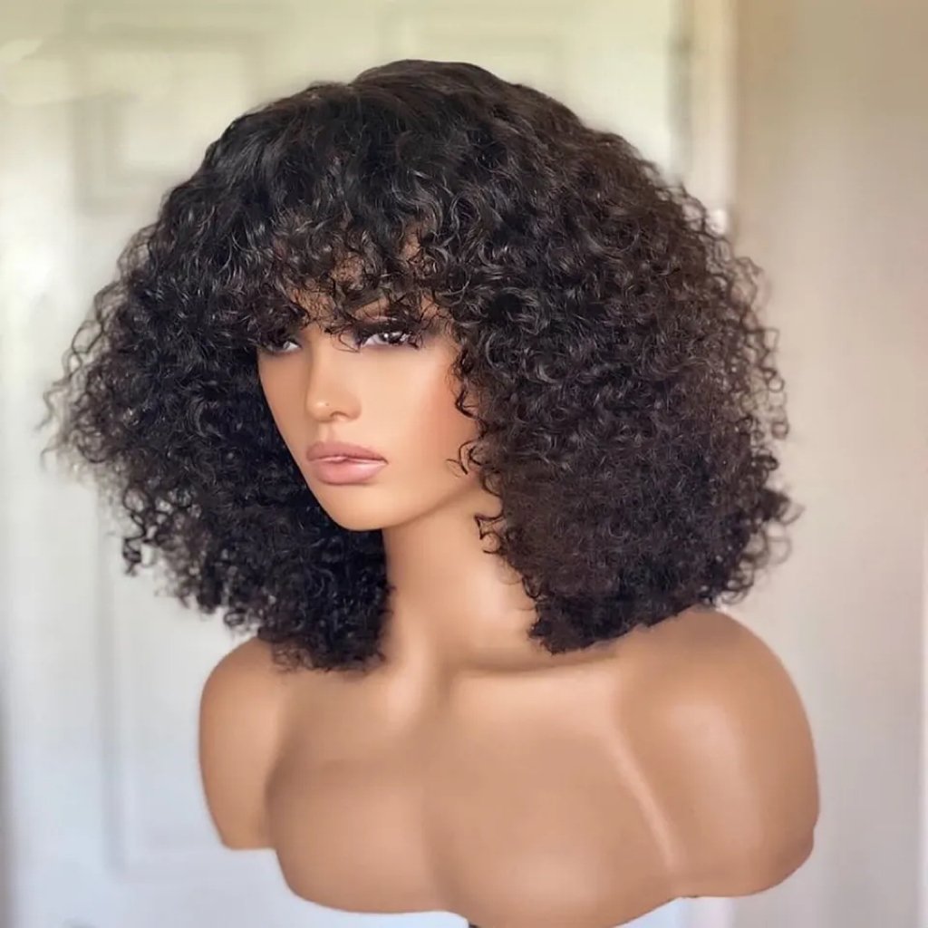 Wholesale Indian Virgin Human Hair 12 Inch,Female Human Hair Wig Luxury Curly,Short Luxury Bob Human Hair Bangs Wig No Lace