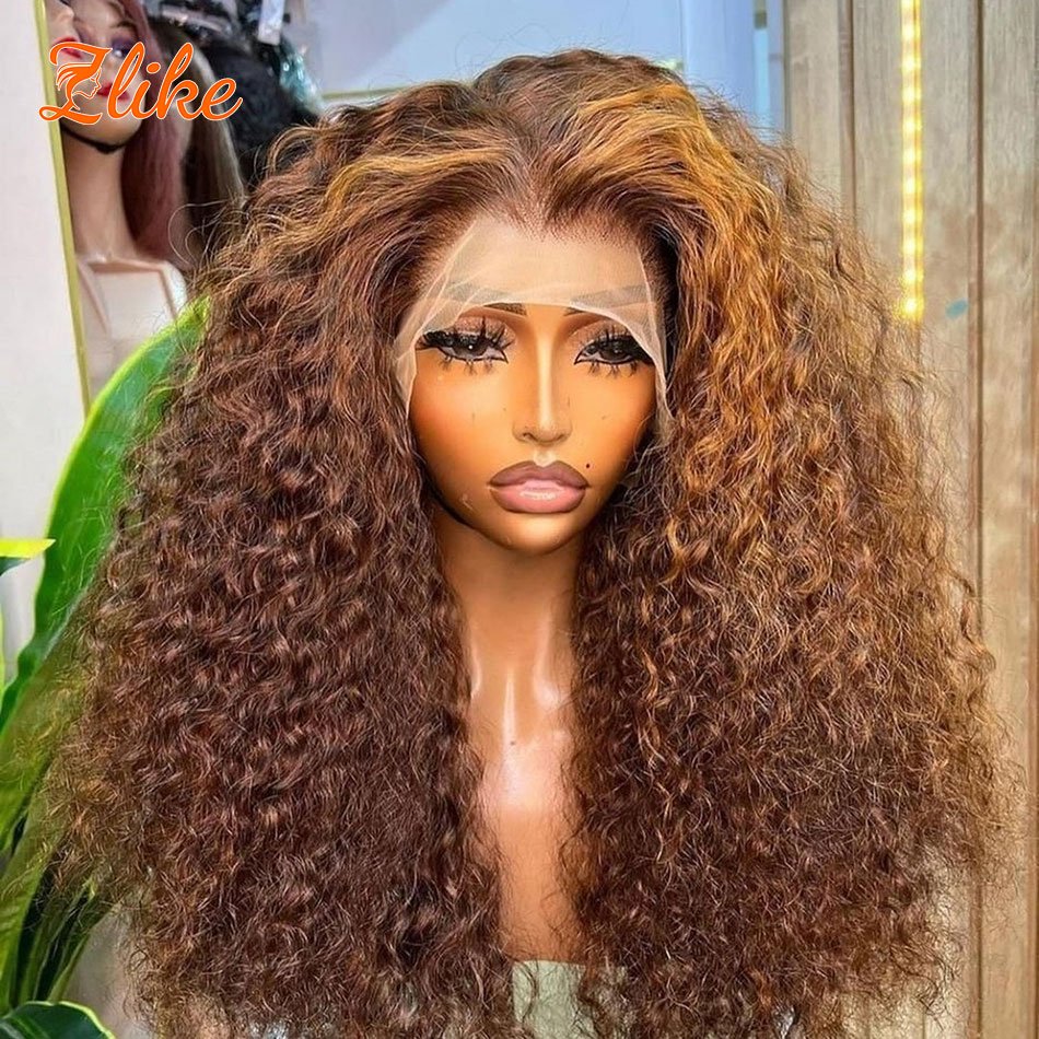 13x4 HD Highlight Human Hair Curly Wig ,Honey Blonde Water Wave Lace Front Wig For Women ,Ombre Glueless Deep Wave Frontal Wi