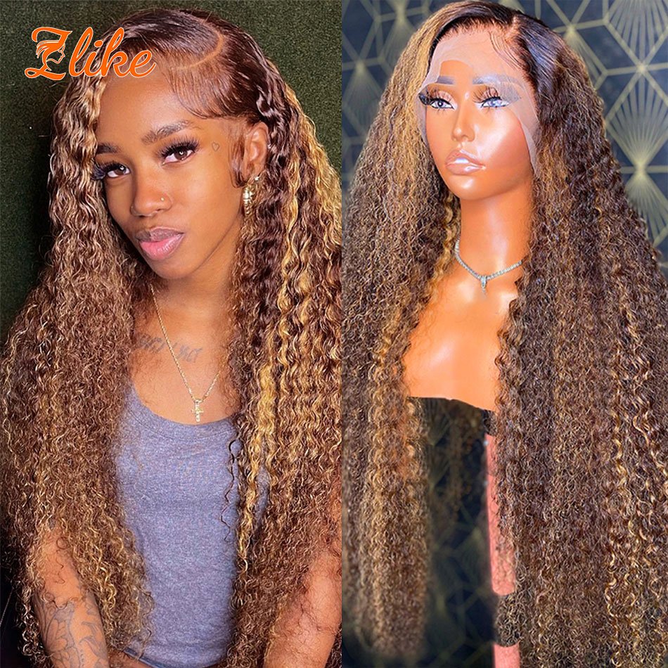 13x4 HD Highlight Human Hair Curly Wig ,Honey Blonde Water Wave Lace Front Wig For Women ,Ombre Glueless Deep Wave Frontal Wi