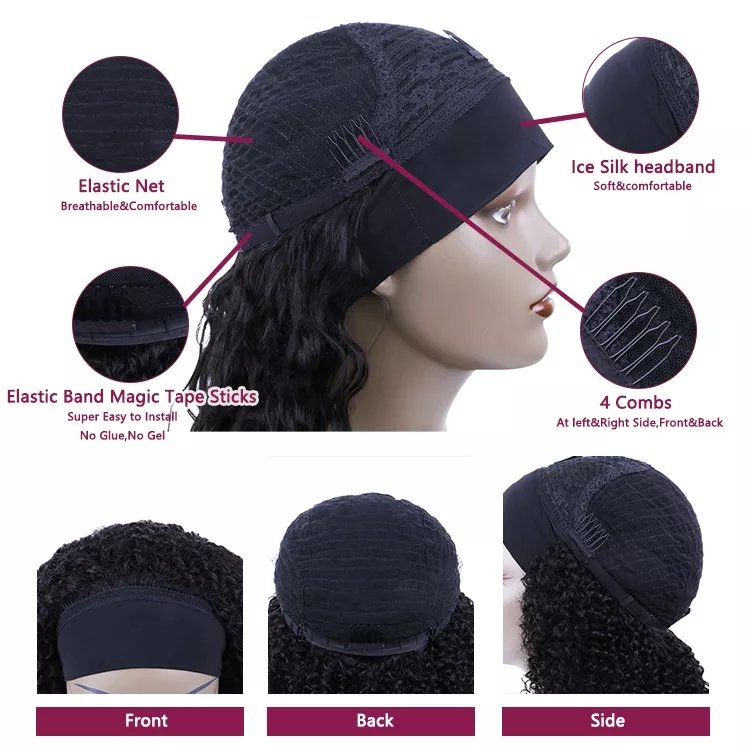 FH 150% Density Kinky Curly Short Headband Wig Raw Virgin Brazilian human Hair Headband Wig For Black Women