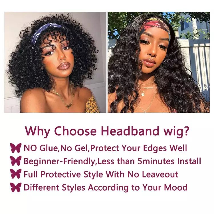 FH 150% Density Kinky Curly Short Headband Wig Raw Virgin Brazilian human Hair Headband Wig For Black Women