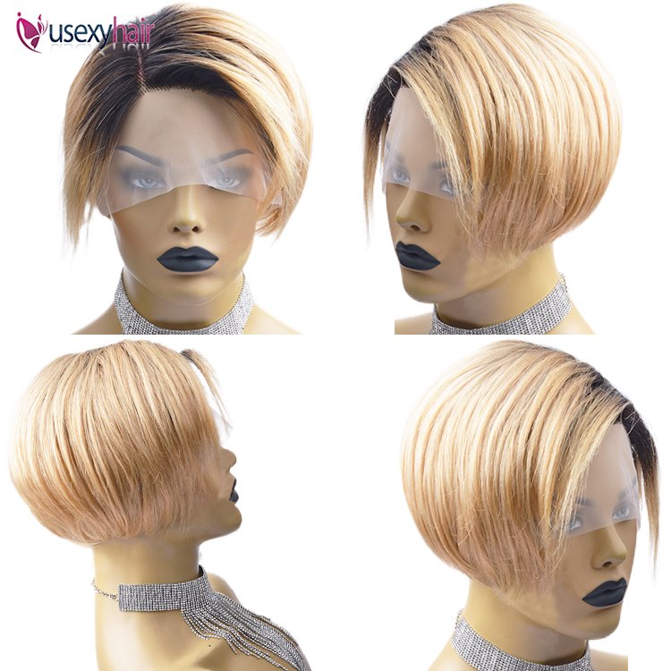 Colored Short Pixie Cut Wig, Cheap Human Hair Wigs Straight Bob Wigs ,Full Machine Human Hair Wig for Black Women Black Ombre