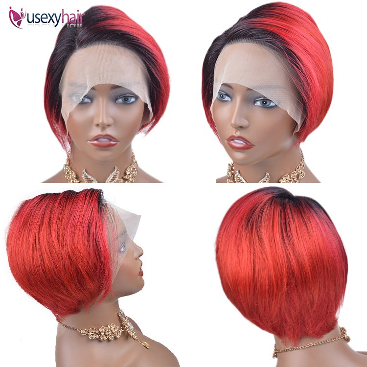 Colored Short Pixie Cut Wig, Cheap Human Hair Wigs Straight Bob Wigs ,Full Machine Human Hair Wig for Black Women Black Ombre