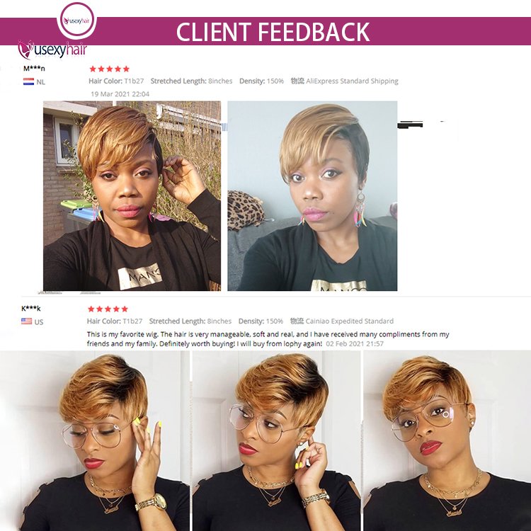 Colored Short Pixie Cut Wig, Cheap Human Hair Wigs Straight Bob Wigs ,Full Machine Human Hair Wig for Black Women Black Ombre