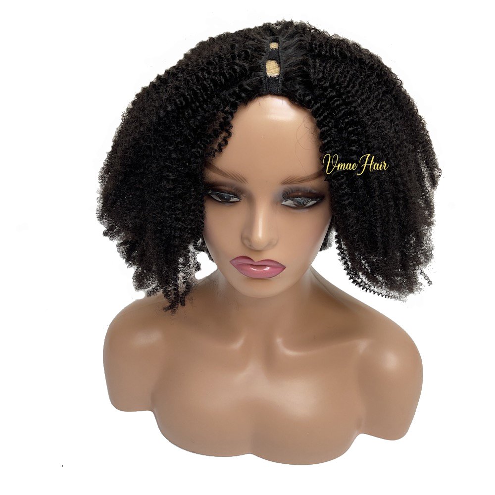 VMAE Women's Short Afro Kinky Curly U V Part Vietnamese Virgin Cuticle Aligned Human Hair Wig Deep Afro Curls Black Straight