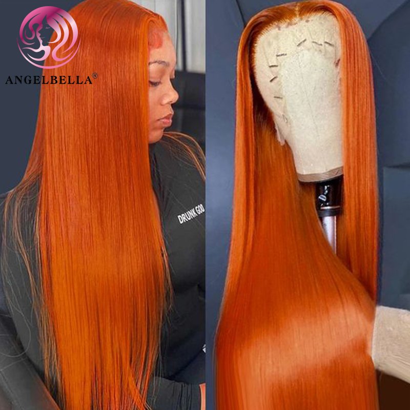 AngelBella 13X4 13X6 350# Ginger Lace front Wigs ,Custom Color Wig For Black Women, 350# Straight Orange Ginger Human Hair Wig