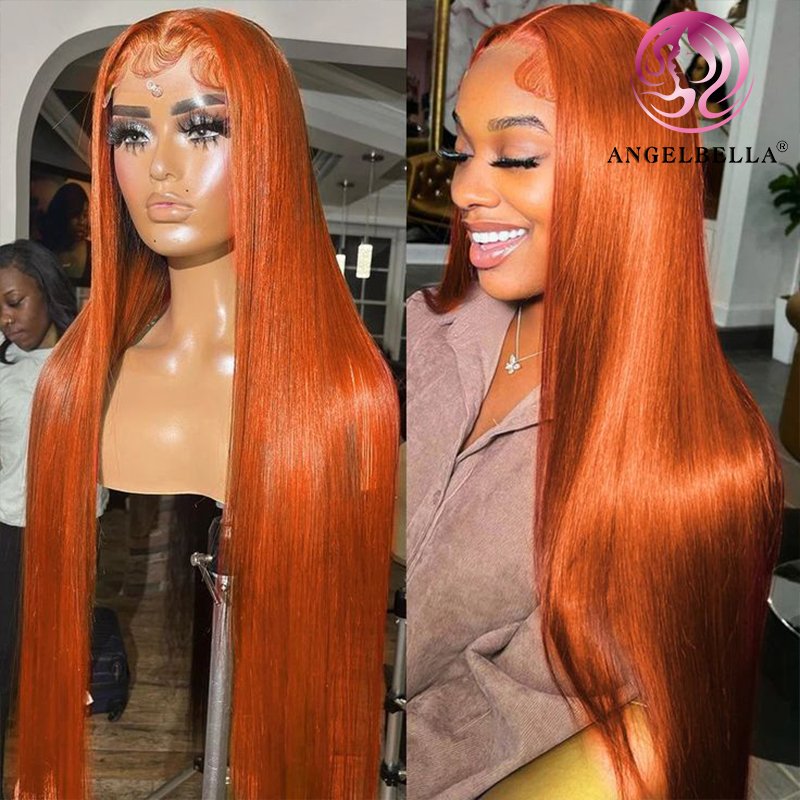 AngelBella 13X4 13X6 350# Ginger Lace front Wigs ,Custom Color Wig For Black Women, 350# Straight Orange Ginger Human Hair Wig