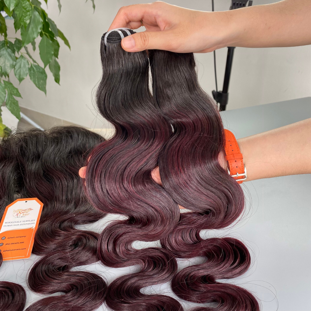 100% Virgin Hair Body Wavy Human Hair Bundles Red Wine Color, Vietnamese Wavy, Curly Hair Extensions For Resale