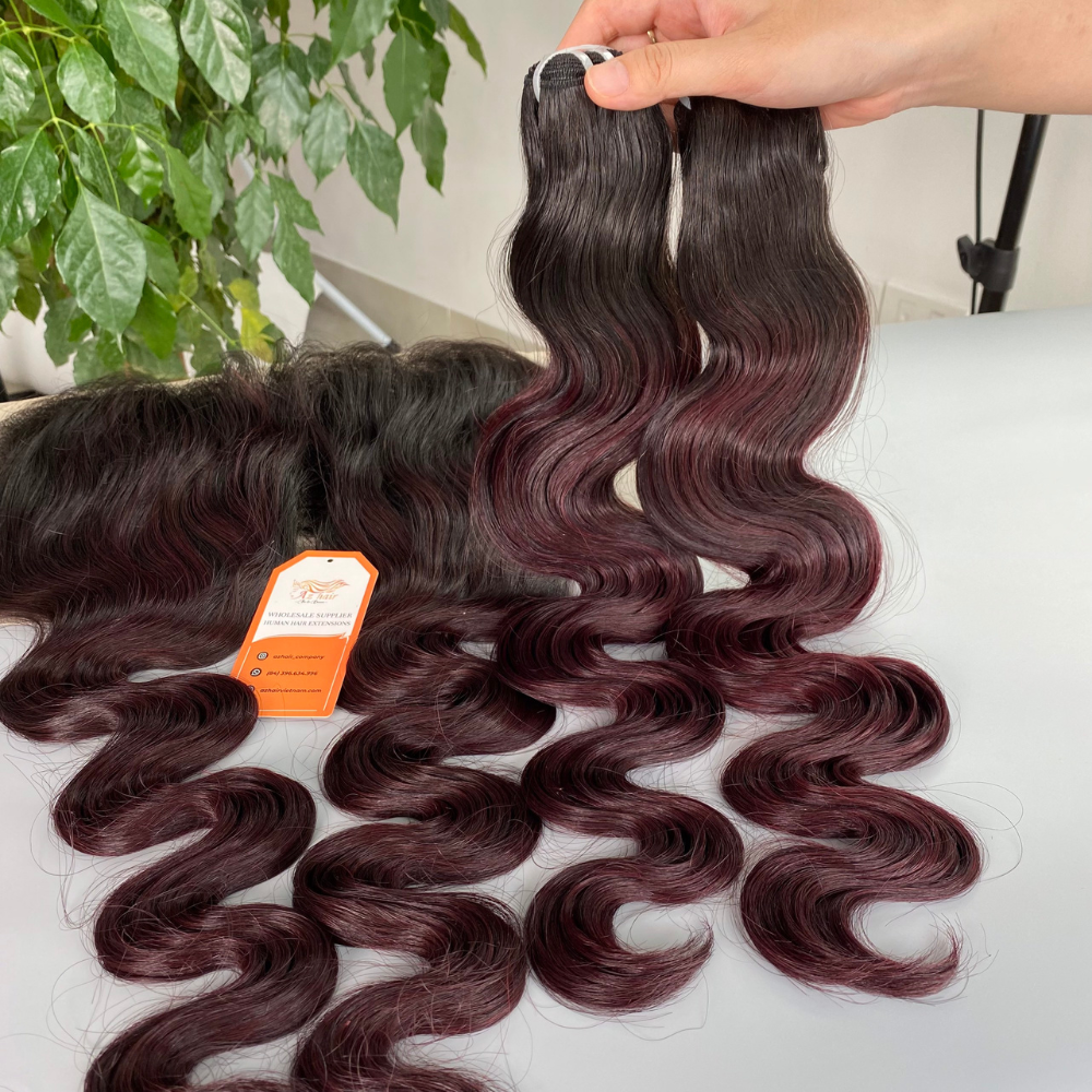 100% Virgin Hair Body Wavy Human Hair Bundles Red Wine Color, Vietnamese Wavy, Curly Hair Extensions For Resale