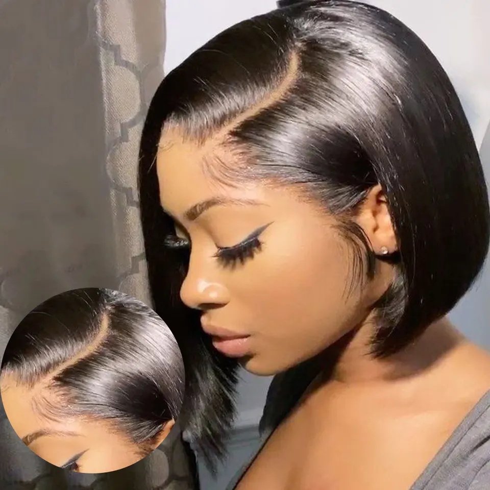 Cheap 13*4 Short Bob Transparent Lace Human Hair Wig 8-14inch Mink Brazilian Hair Wig 4x4 Closure Short Bob Wigs For Black Women