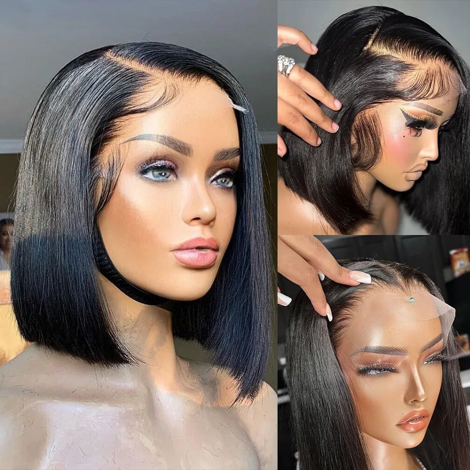 Cheap 13*4 Short Bob Transparent Lace Human Hair Wig 8-14inch Mink Brazilian Hair Wig 4x4 Closure Short Bob Wigs For Black Women