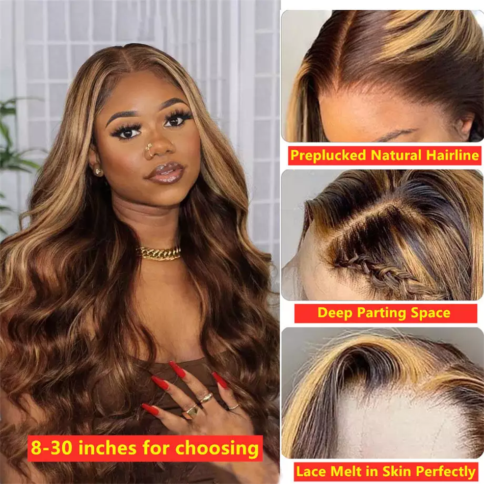 Cheap Colored Highlight Human Hair Lace Front Wigs Hd Lace Frontal Wig Vendor 4/27 Bone Straight Human Hair Wigs For Black Women