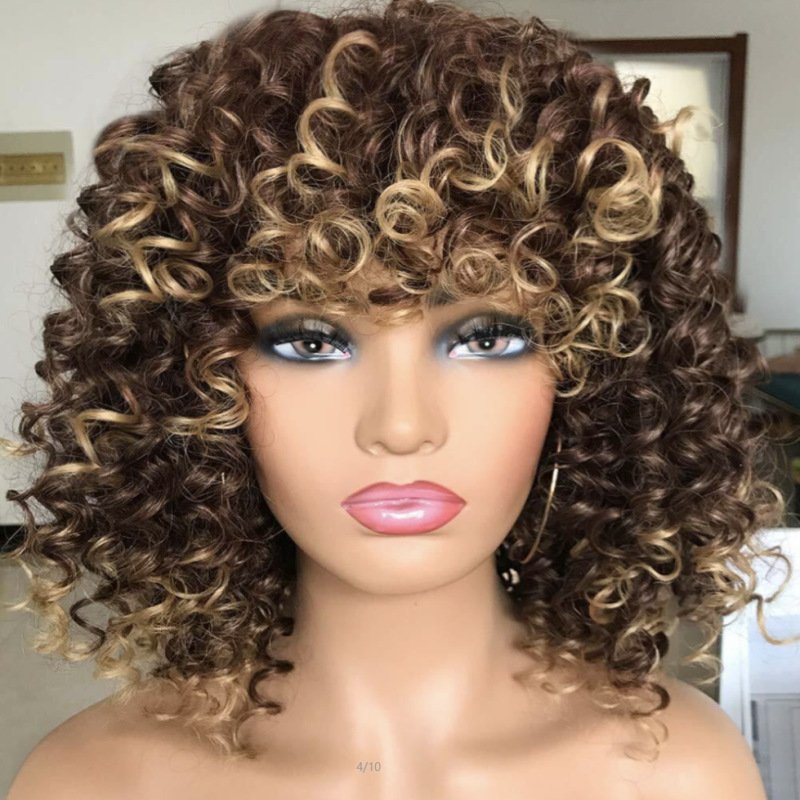 Cheap Wholesale Short Fluffy Synthetic Hair Small Curly Brown Hair Wig For Black Women