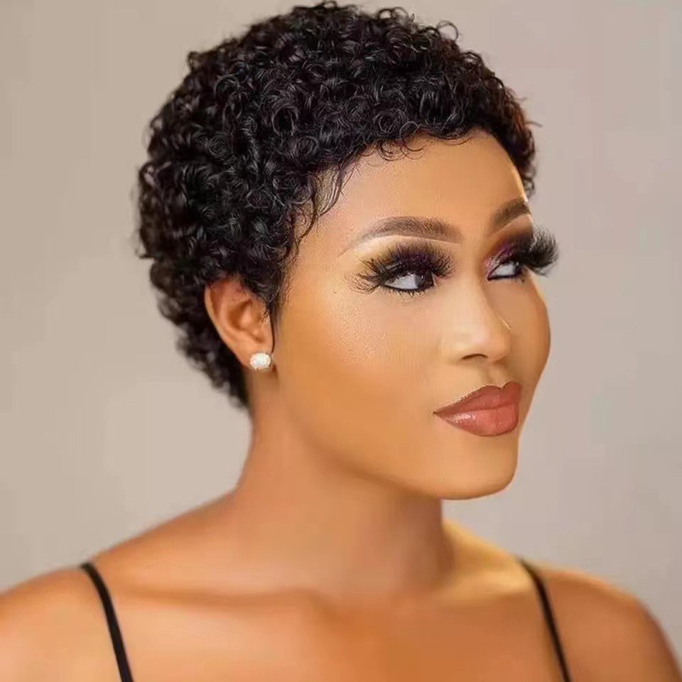 Hot Sale 100% Brazilian Hair Short Machine Made Wig Pixie Cut Curly Wig Natural Color Remy Human Hair Wigs For Black Women