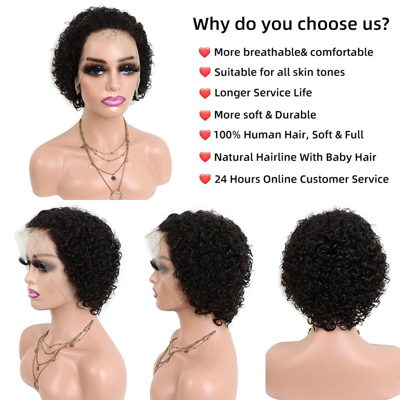 Facoty Wholesale colored pixie cut short 180 density brazilian 100% human hair 13*4 swiss full lace frontal wigs for black women