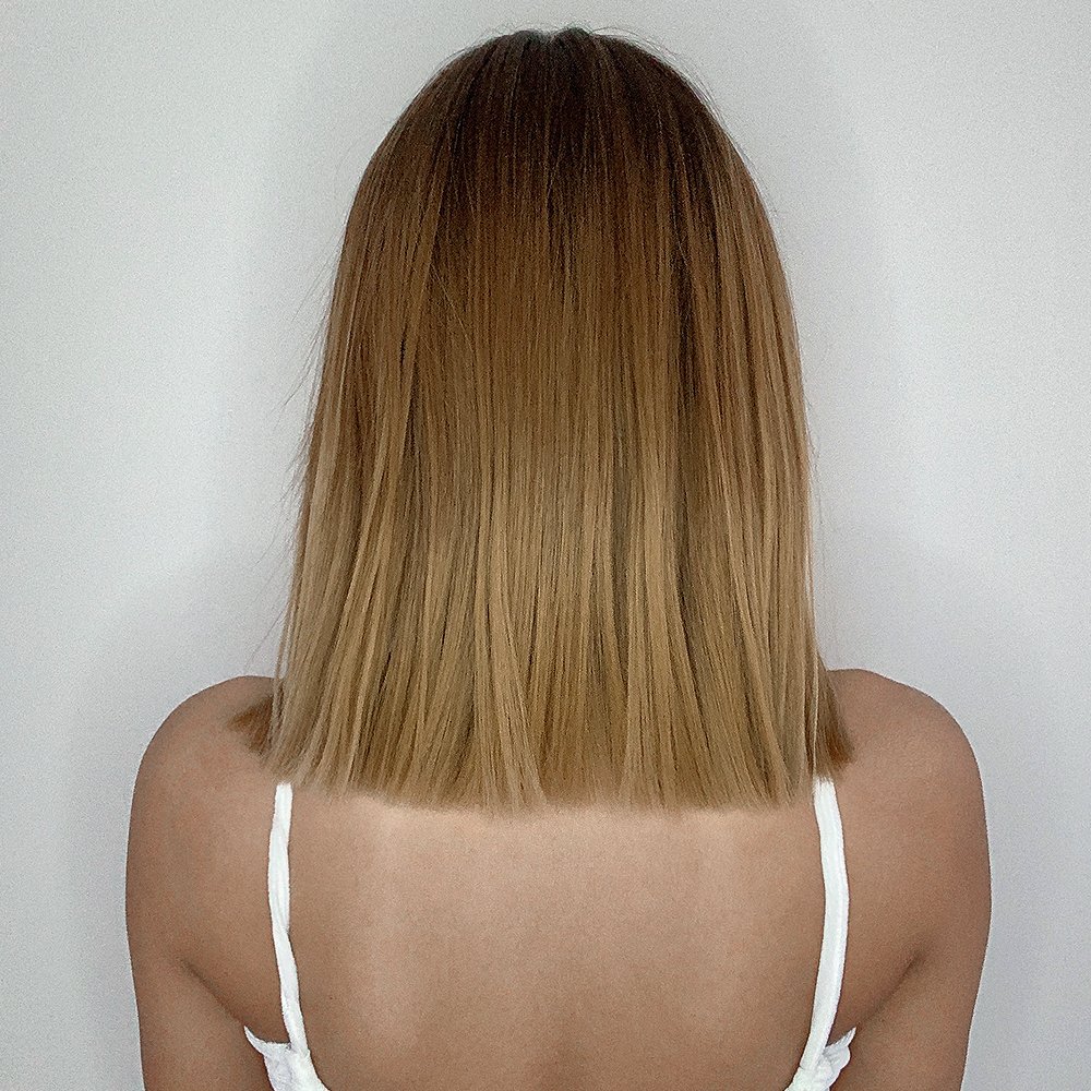 Short Straight Ombre Brown Golden Synthetic Wig Hair Lolita Bob Wigs with Bangs For Women Daily Heat Resistant
