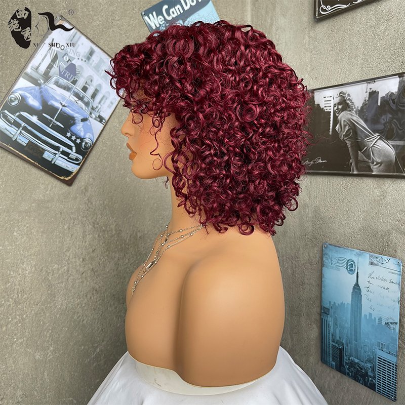XISHIXIUHAIR Water Wave Human Hair Wigs With Bangs Full Machine Made Fringe Short Curly Bob Wig human wig