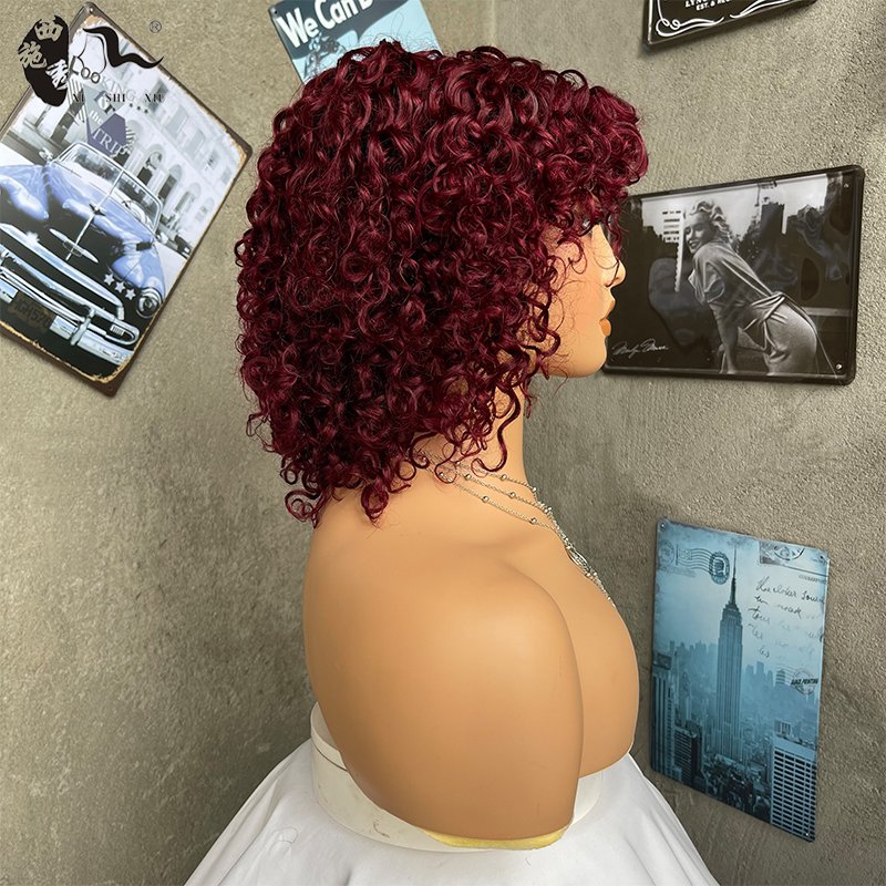 XISHIXIUHAIR Water Wave Human Hair Wigs With Bangs Full Machine Made Fringe Short Curly Bob Wig human wig
