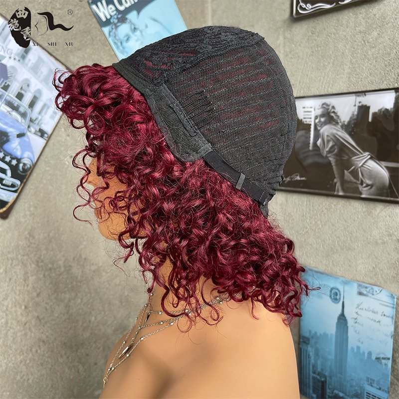 XISHIXIUHAIR Water Wave Human Hair Wigs With Bangs Full Machine Made Fringe Short Curly Bob Wig human wig
