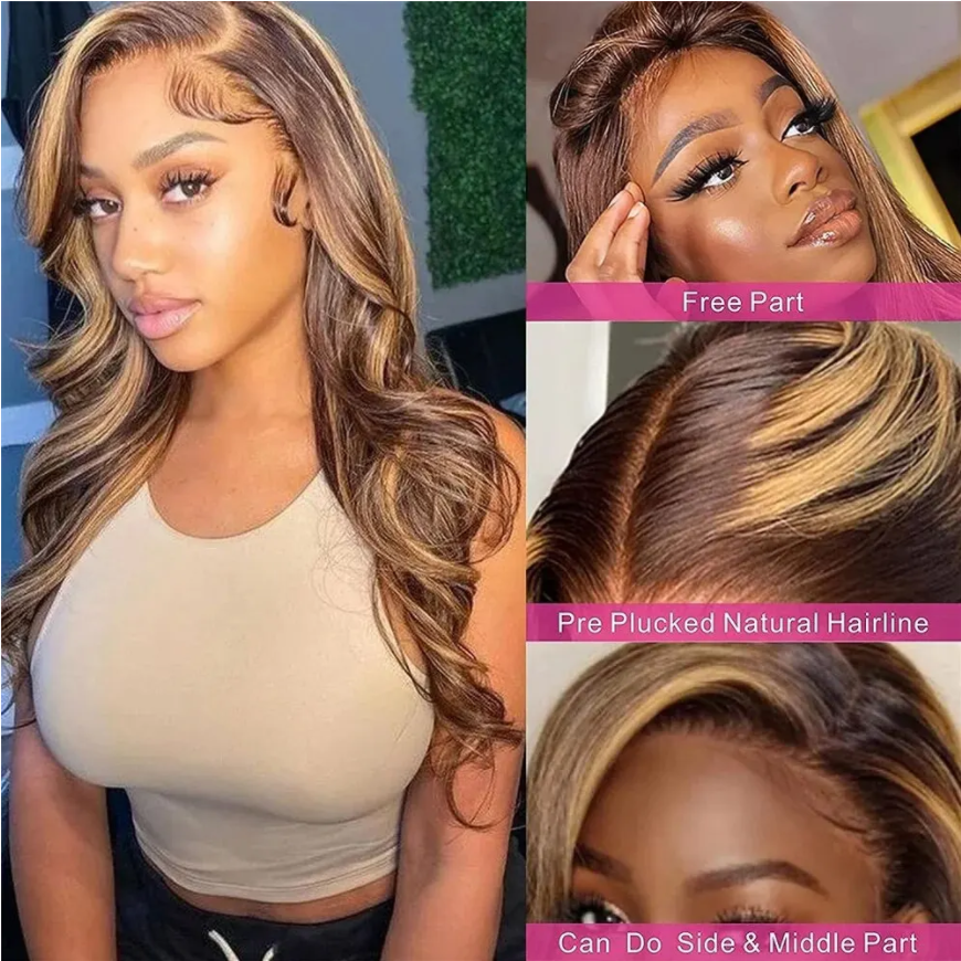 Highlight Body Wave 13x4 Lace Front Wig Brazilian 4/27 Mixs Colored Highlight Human Hair Wigs Transparent Hd Lace Frontal Wigs