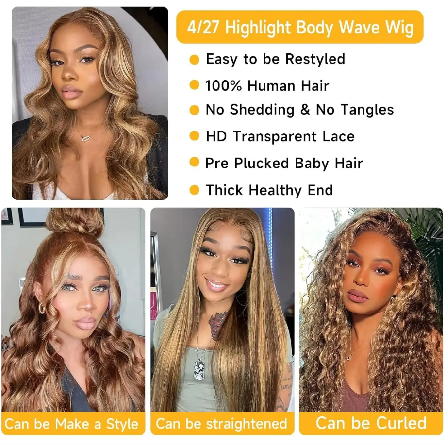 Highlight Body Wave 13x4 Lace Front Wig Brazilian 4/27 Mixs Colored Highlight Human Hair Wigs Transparent Hd Lace Frontal Wigs