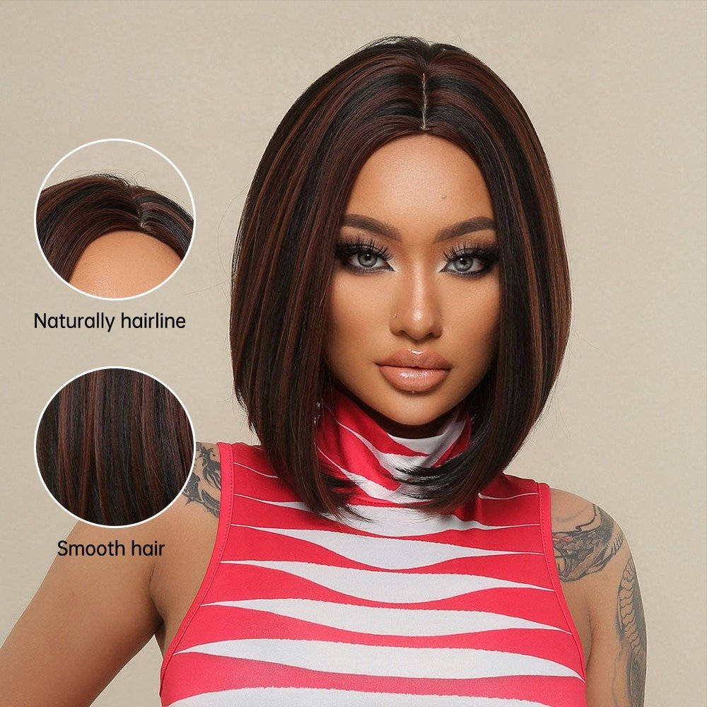Factory Direct Short Brown Highlight Synthetic Hair Wigs Mixed Brown Middle Parting Bob Straight Wig For Black Women
