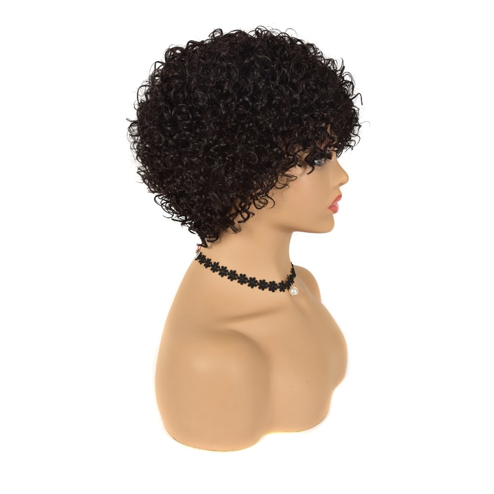 Cheap Machine Made Wig 100% Brazilian Human Hair Pixie Cut Wigs Short Kinky Curly Non Lace Wigs with Bangs for Women