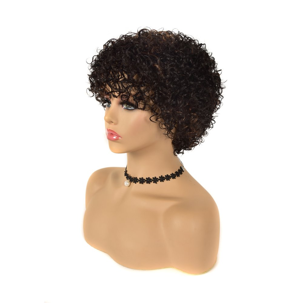 Cheap Machine Made Wig 100% Brazilian Human Hair Pixie Cut Wigs Short Kinky Curly Non Lace Wigs with Bangs for Women