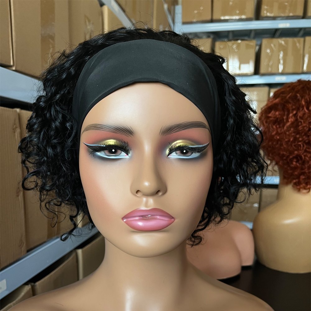 Wholesale Price Black Water Kinky Curly Headband Wig Short Pixie Cut Curly Human hair Wig for Women Daily Party Use