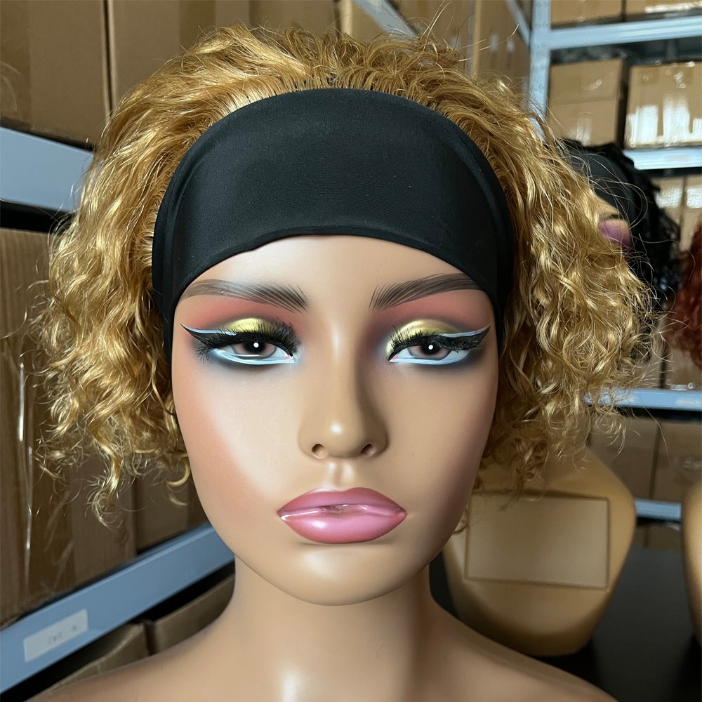 Wholesale Price Black Water Kinky Curly Headband Wig Short Pixie Cut Curly Human hair Wig for Women Daily Party Use