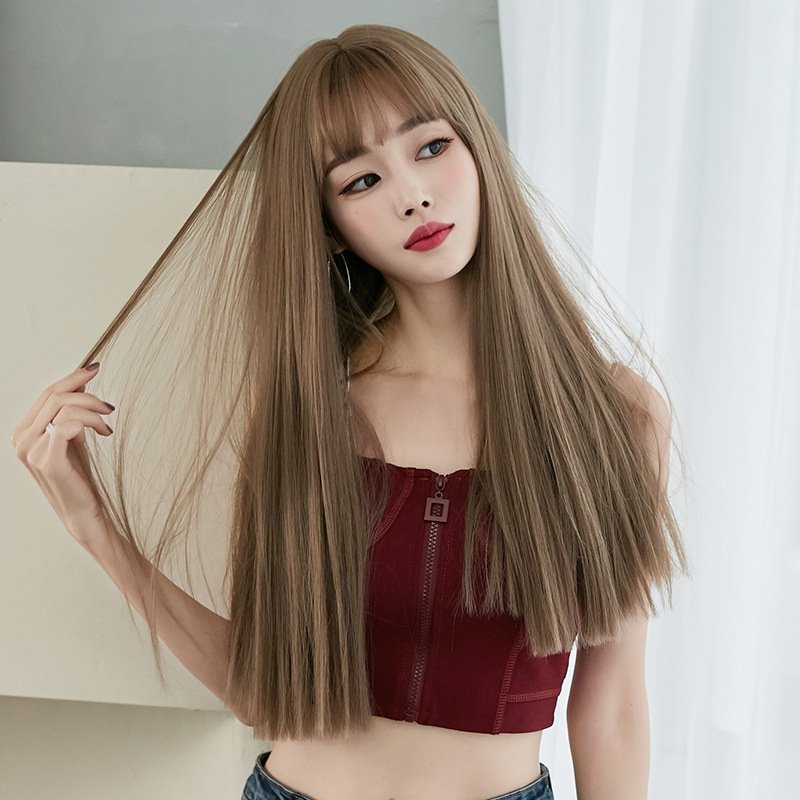 23 Inches New Black Long Straight Human Hair Wigs Women White Gold Synthetic Hair Natural Long Straight Wig With Bangs