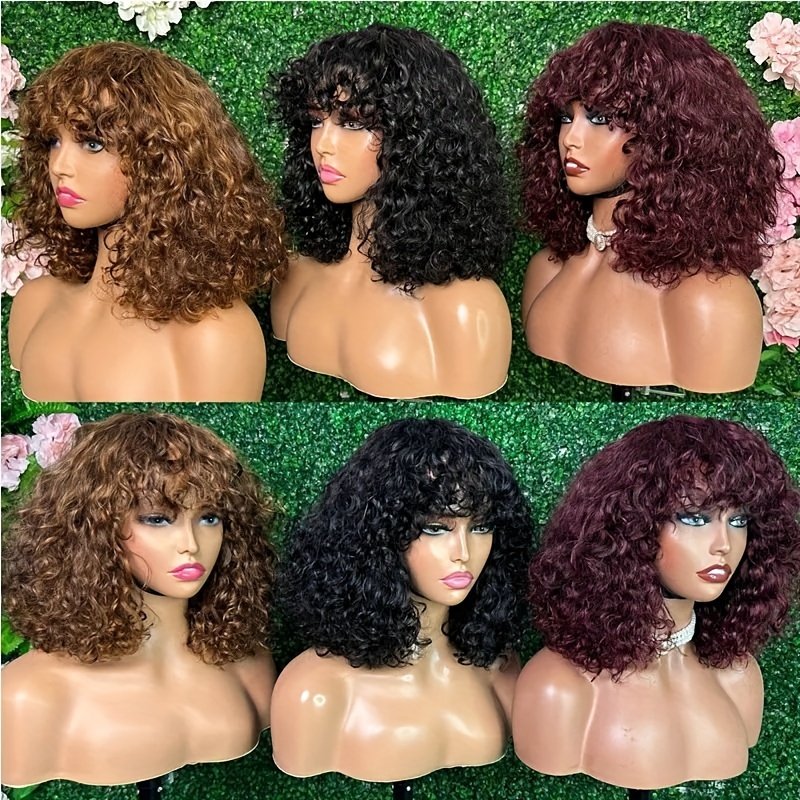 Glueless Raw Vietnamese Jerry Curly Short Bob Wig With Bangs Cheap Luxury Curly Wave Machine Made Lace Natural Human Hair Wigs