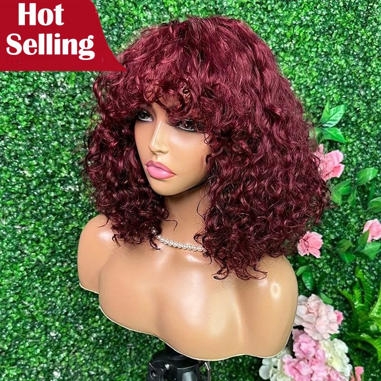 Glueless Raw Vietnamese Jerry Curly Short Bob Wig With Bangs Cheap Luxury Curly Wave Machine Made Lace Natural Human Hair Wigs