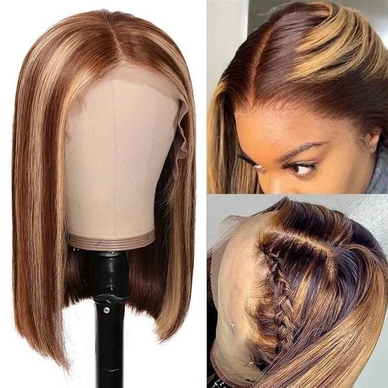 Remy Transparent 13x4 Lace Frontal Human Hair Wigs,P4/27 Straight bob wig Human Hair Colored Bob Wig