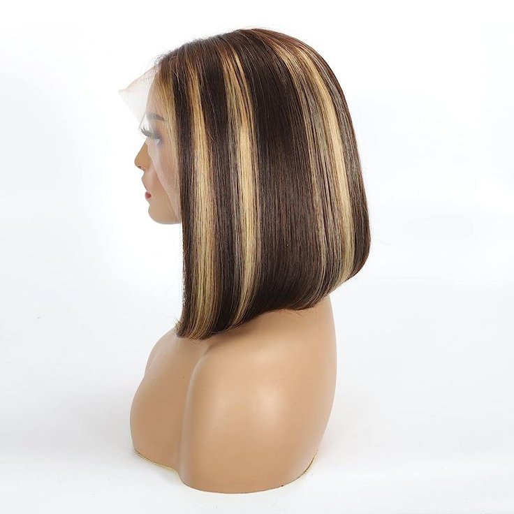 Remy Transparent 13x4 Lace Frontal Human Hair Wigs,P4/27 Straight bob wig Human Hair Colored Bob Wig