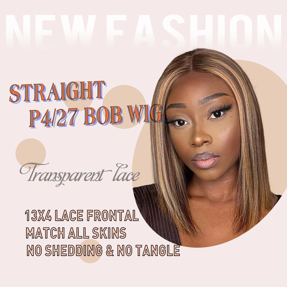 Remy Transparent 13x4 Lace Frontal Human Hair Wigs,P4/27 Straight bob wig Human Hair Colored Bob Wig