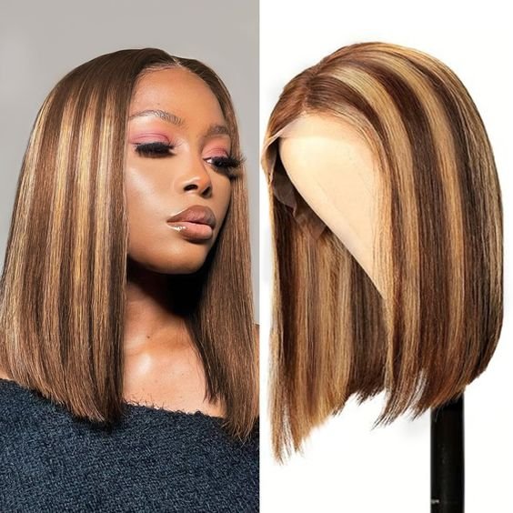 Remy Transparent 13x4 Lace Frontal Human Hair Wigs,P4/27 Straight bob wig Human Hair Colored Bob Wig