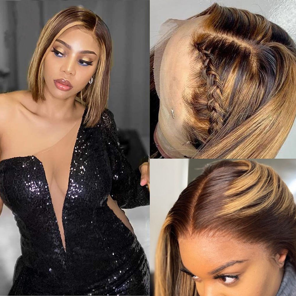 Wholesale Ombre Blonde Short Human Hair Wig Brazilian Virgin Bob Highlight Wigs 100% Human Hair Full Lace Closure Wig In Stock