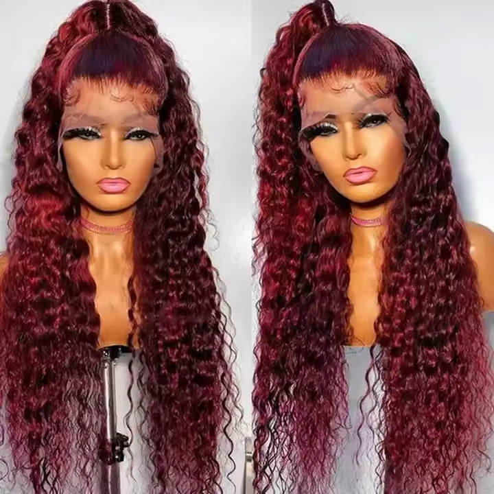 2024 Hot Selling Burgundy Wig Curly Human Hair Wigs Deep Wave High Density 16 24 Inch Wholesale Hand Knitting Burgundy Lace Wig